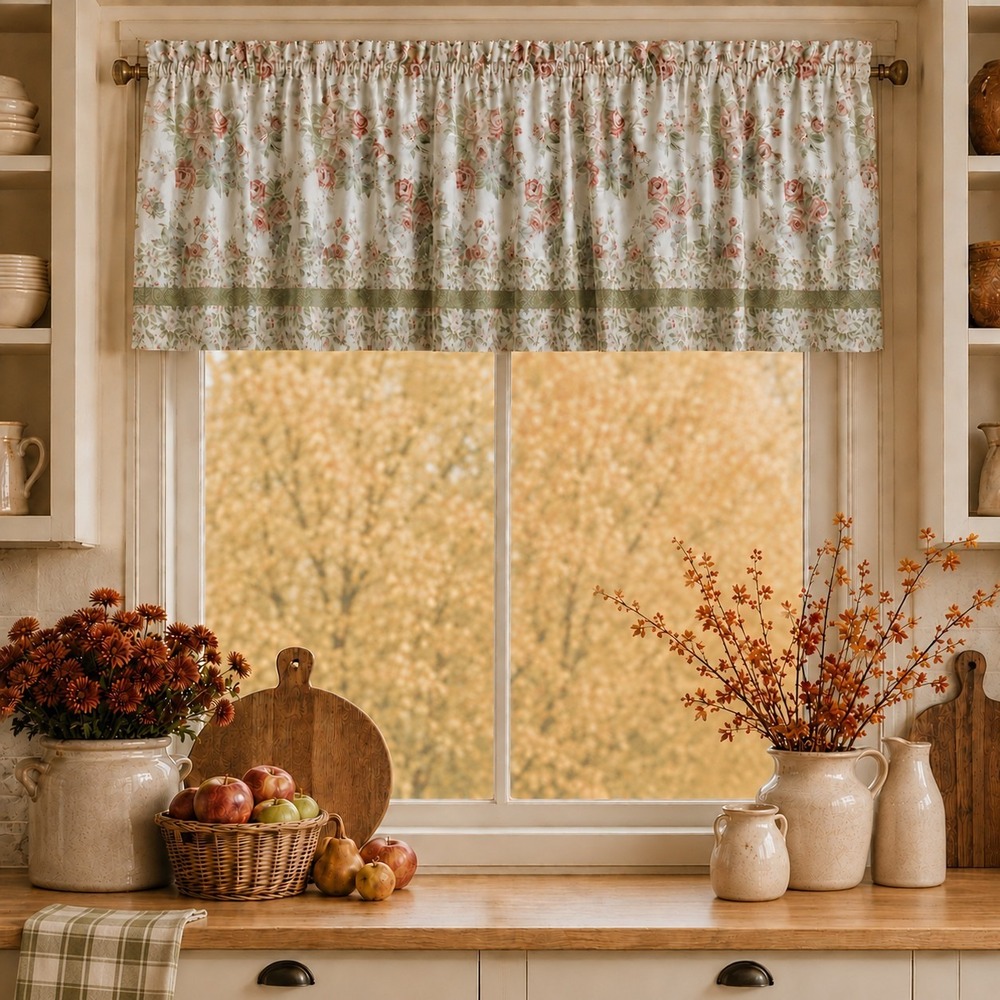Vtg JC Penney Window Valance Floral Rose Lined Shabby Cottage Autumn 80x18 PAIR